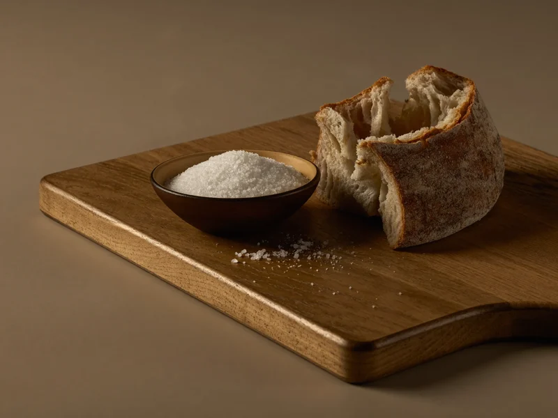 Oliventräsbræt med skål med groft salt og et stykke rustikt brød
